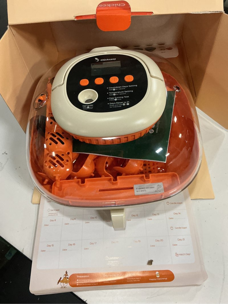 Condition photo showing Good Condition for chickcozy 25 egg incubator, automatic egg turner with thermometer seat and humidity control, egg candler, 360° view with clear window, incubators for hatching chicks (sunlit orange)