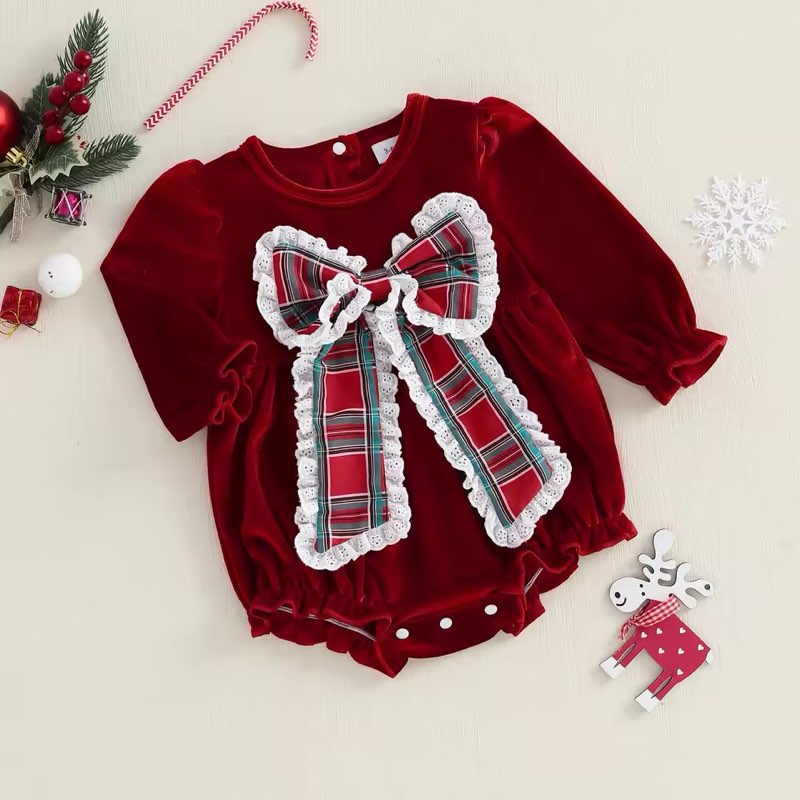 Christmas Infant Baby Girl Velvet Romper Xmas Newborn Coton Loose Decorative Bow Bubble Overall Kids Long Sleeve Jumpsuit