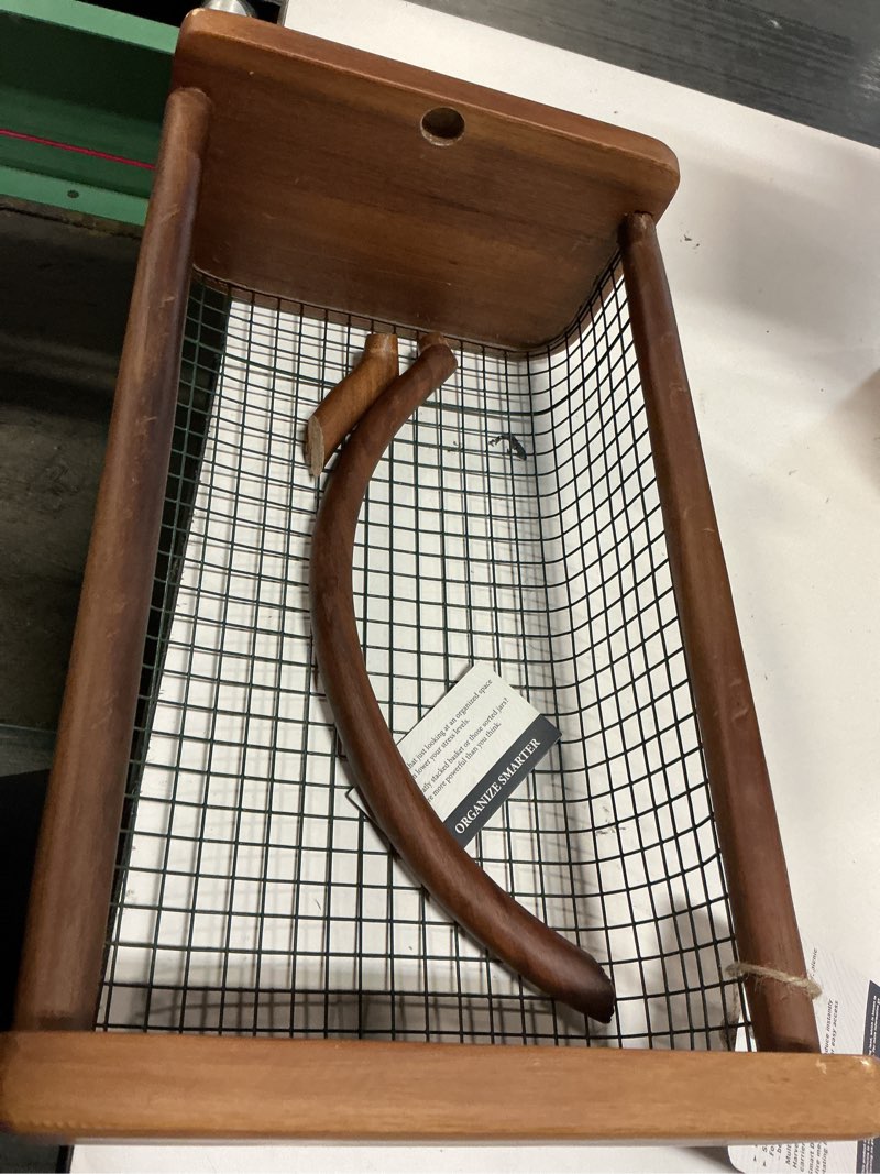 Condition photo showing As Is for homestead garden hod harvest basket, durable acacia wood frame with rotating handle, farmhouse basket for home improvement, gardening, farm, kitchen, indoor outdoor use