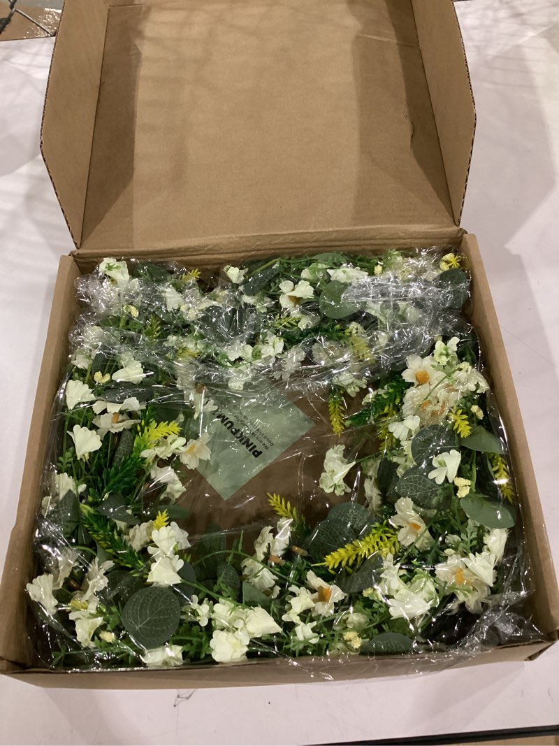Condition photo showing New/Like New for pinkpum spring daisy wreath for front door, white artificial floral wreath with eucalyptus leaves 22 inch, farmhouse wedding wall window decor gift off white 22''