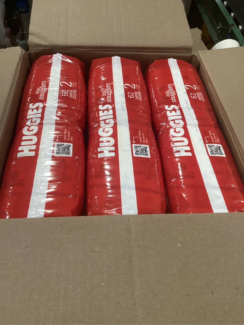 Condition photo showing New/Like New for huggies size 2 diapers, little snugglers baby diapers, size 2 (12-18 lbs), 186 count (3 packs of 62), packaging may vary