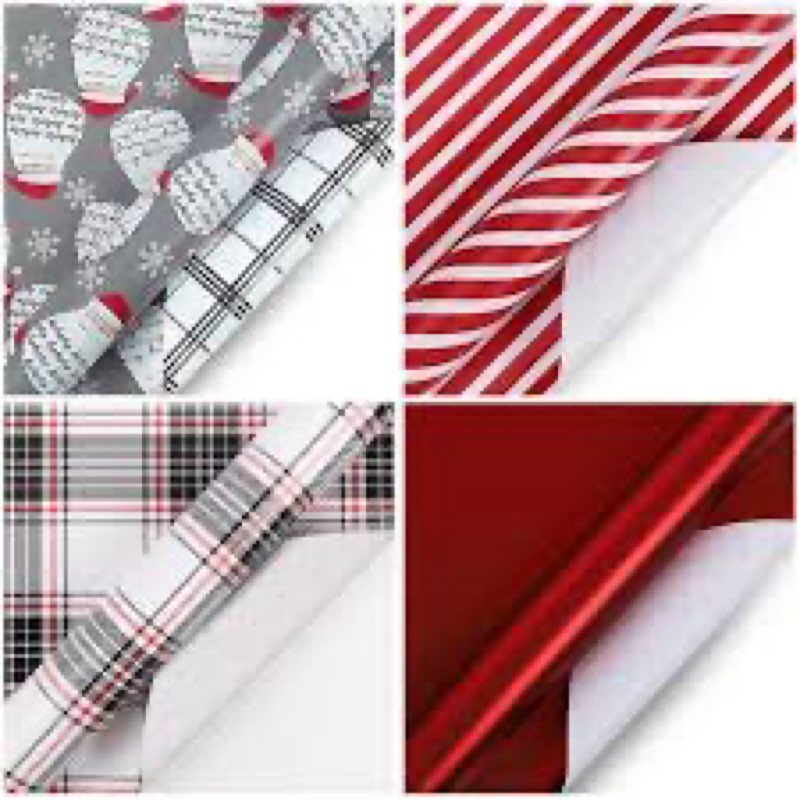 BIOBROWN Christmas Wrapping Paper with Tags and Trim Ribbon Assortment - 30" X 10' Per Roll (4 Rolls: 100 sq. ft. ttl.) - Presents Cane Design for Christmas, Party, Xmas, Holiday Christmas Presents