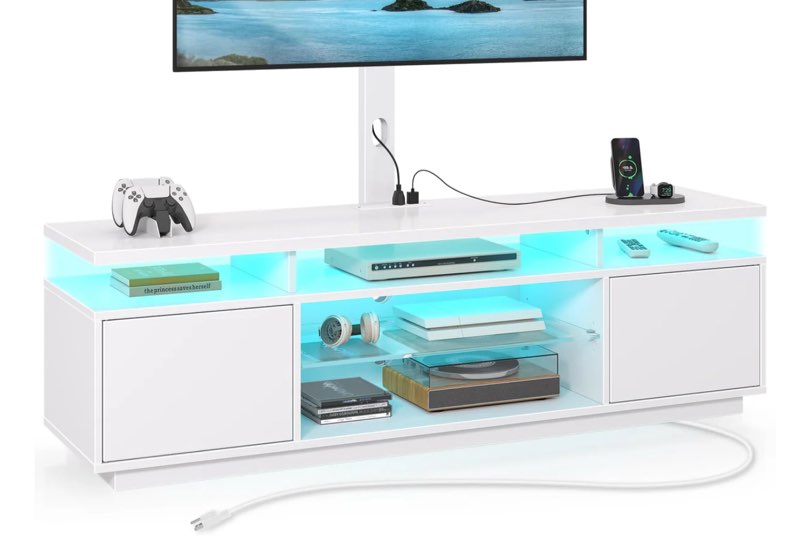 rolanstar tv stand with mount and power outlet 51.2", swivel tv stand mount for 32/45/55/60/65/70 inch tvs, height adjustable modern entertainment center with storage & led lights, tv table white (incomplete, missing parts)