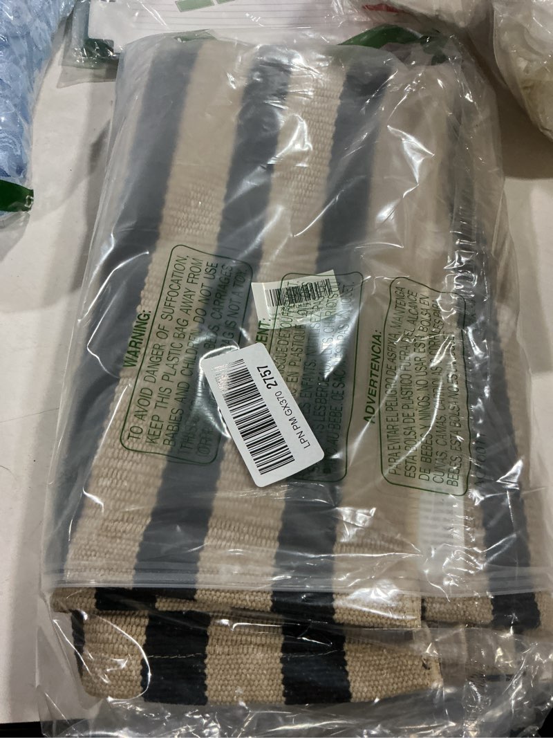 Condition photo showing Good Condition for outdoor striped rugs 3'x5', black and tan cotton hand woven front door mat,washable reversible front porch rug, foldable layered door mats for entryway/home entrance/farmhouse 3'x5' tan and black stripe