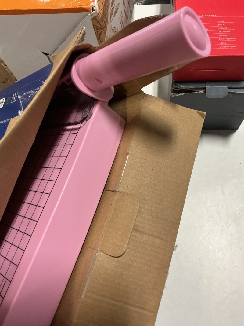 Condition photo showing As Is for firbon 12" guillotine paper cutter, heavy duty 12-sheet capacity trimmer for cardstock, photos, scrapbooking, office, classroom, studio (pink)