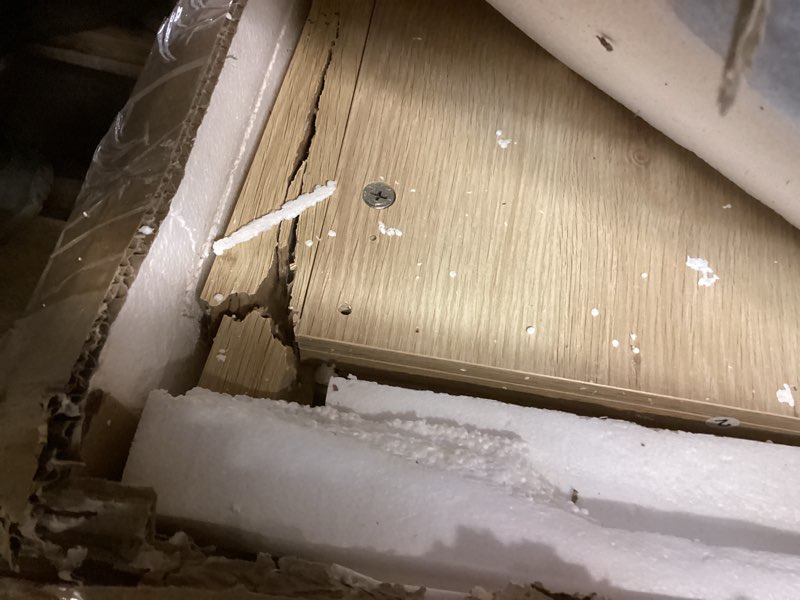 Condition photo showing As Is for GarveeHome Fluted 5 Drawer Tall Dresser for Bedroom, 42.9 in Chest of Drawers, Wooden Dresser Chest with Clothes Storage Cabinet, Drawer Organizer, TV Stand for Bedroom, Living Room, Hallway, Natural