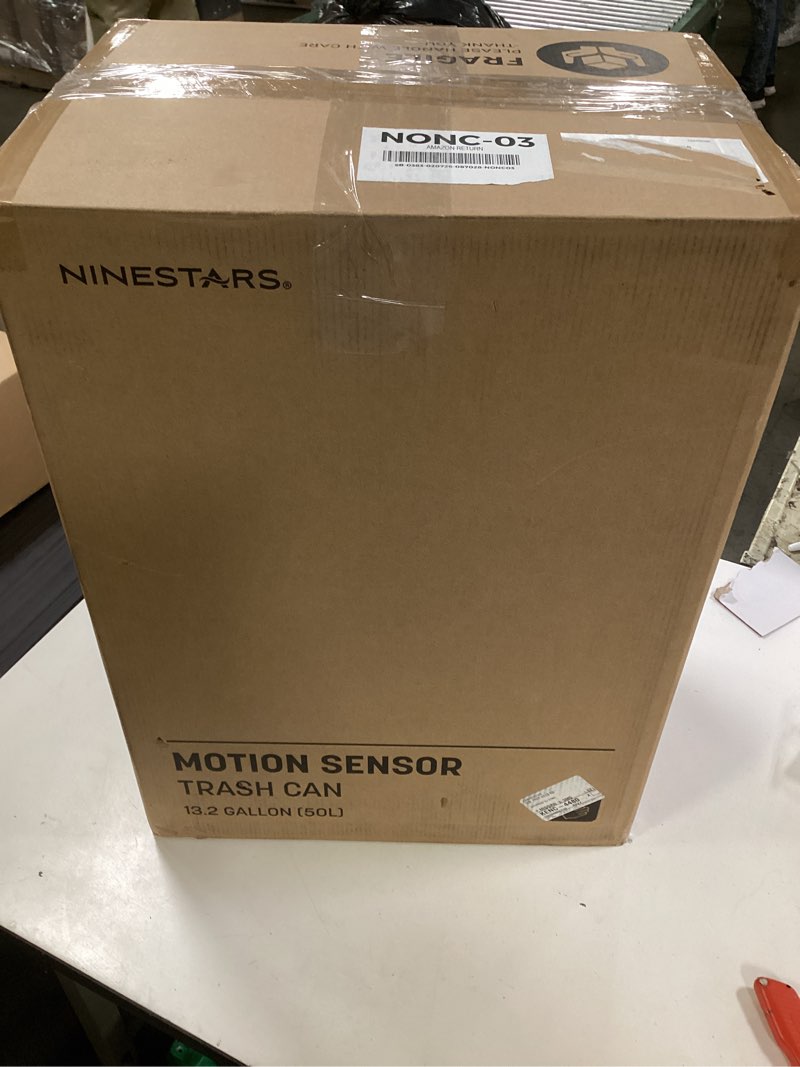 Condition photo showing New/Like New for Ninestars DZT-50-28BR Automatic Touchless Motion Sensor Rectangular Trash Can, Black Top, 13 Gal. 49 L., Brush Silver & Black