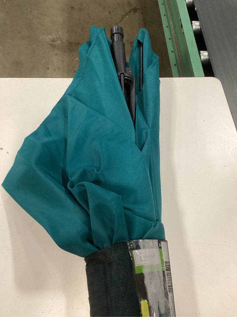 Condition photo showing As Is for mainstays outdoor 6 x 7.5' rectangle teal market patio umbrella, push-up, 3-angle tilt