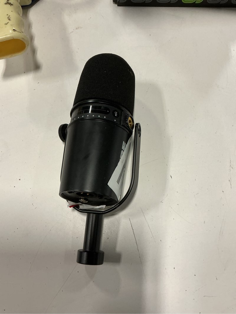 Condition photo showing As Is for shure mv7+ podcast dynamic microphone with stand. obs certified, enhanced audio, led touch panel, usb-c & xlr outputs, auto level mode, digital pop filter, podcasting, streaming, recording - black