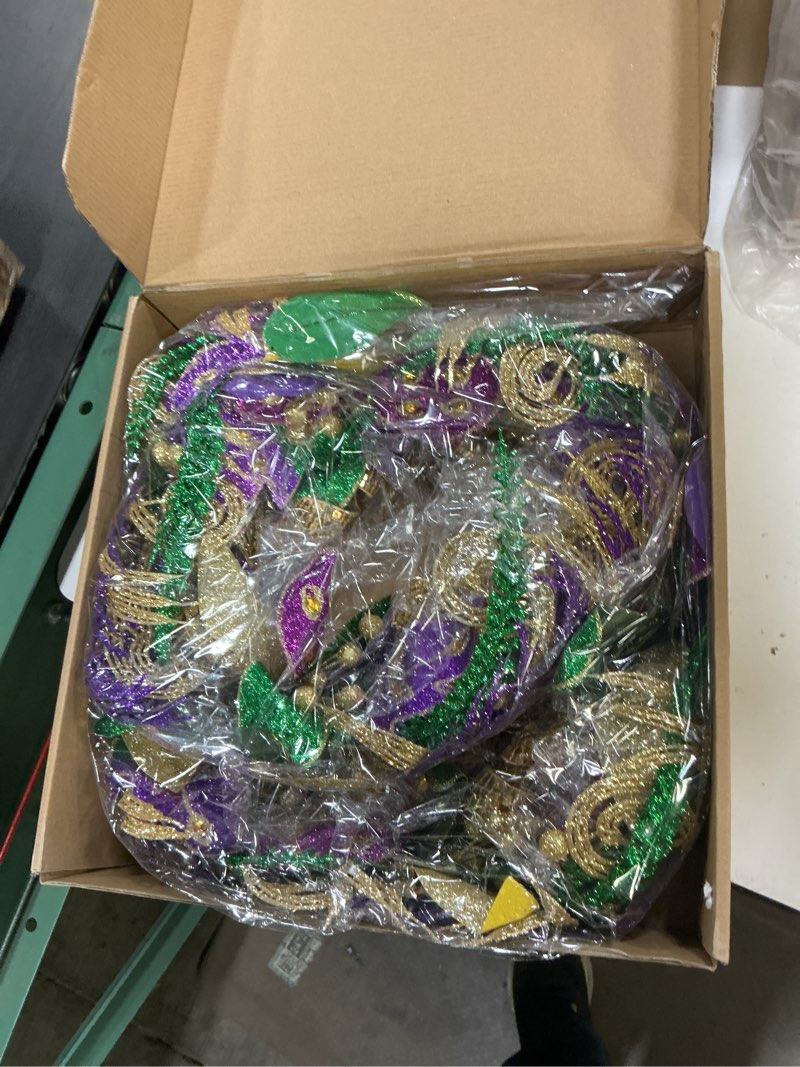 Condition photo showing New/Like New for 70 inch mardi gras garland - purple green gold decor with glittered flowers & vine, front door garland for holiday party, wall, staircase decoration