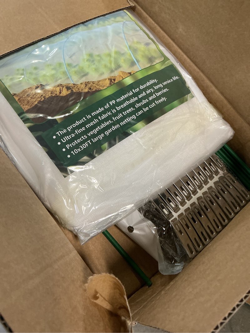 Condition photo showing New/Like New for garden netting kit for raised beds, 10x30ft ultra fine mesh netting? 6 sets of 8ft fiberglass garden hoops, row cover insect netting for vegetable plant fruit flowers protection white 10x30ft