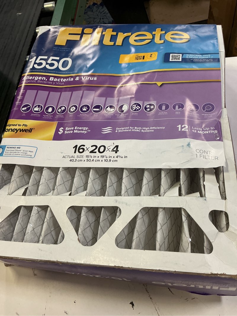 Condition photo showing As Is for filtrete 16 x 20 x 4 merv 12 1550 mpr allergen, bacteria and virus electrostatic pleated air filter