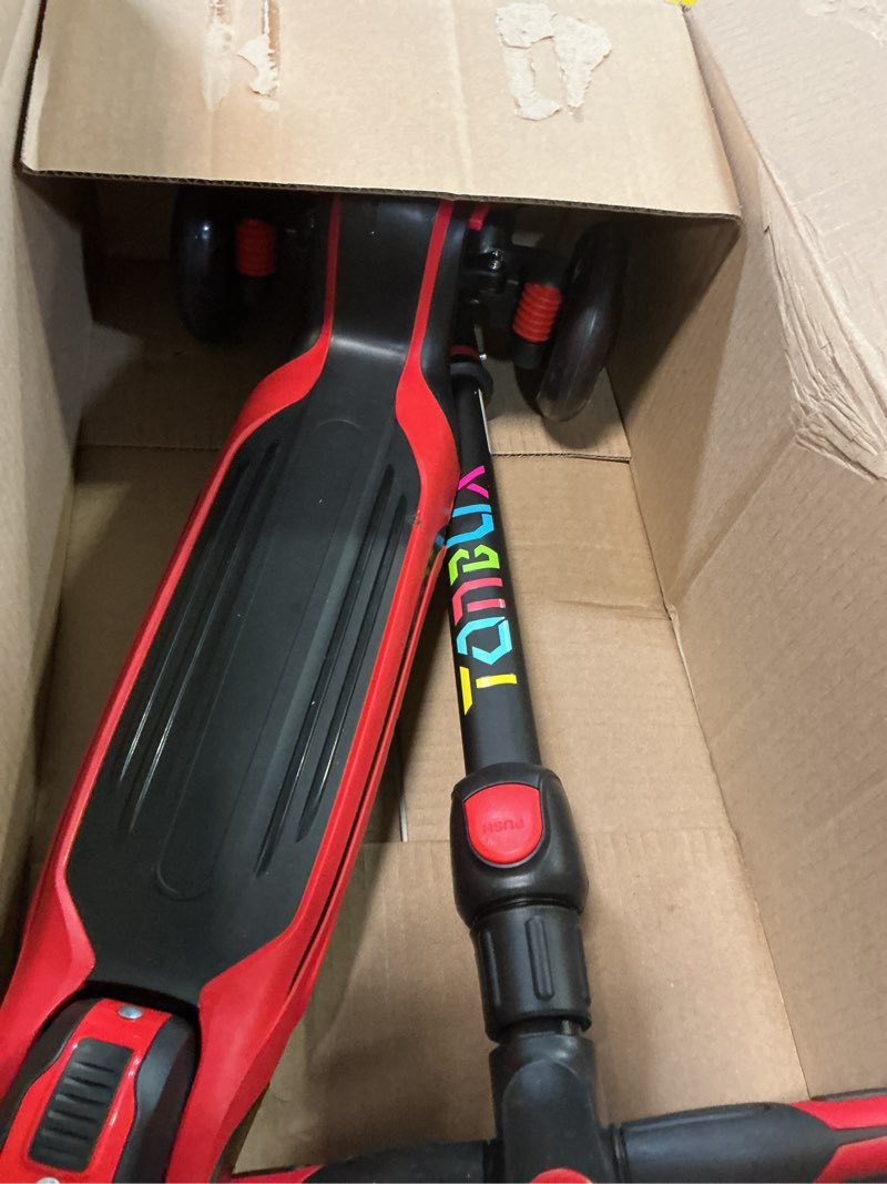 Condition photo showing As Is for TONBUX Kids Scooter for Age 3-12, Toddler Scooter with 4 Adjustable Heights, Light Up 3-Wheels Scooter, Shock Absorption Design, Lean to Steer, Balance Training Scooter for Kids Red