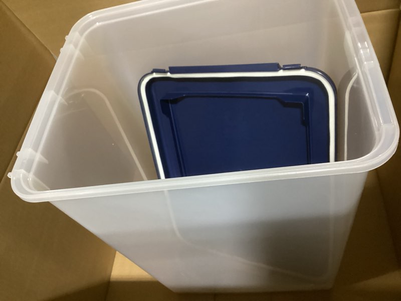 Condition photo showing Good Condition for IRIS USA Dog Food Storage Container, Up to 54 Pounds, Attachable Wheels, For Dog Cat Bird and Other Pet Food Storage Bin, Keep Fresh, Easy Mobility - Made in USA, Nav 54 lbs Navy