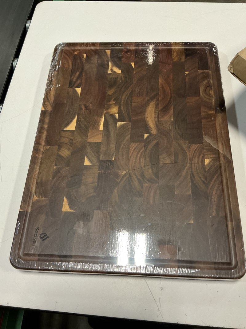 Condition photo showing As Is for Extra Large End Grain Cutting Board for Kitchen with Non-slip Feet, Acacia Wood Heavy Duty Checkered Cutting Board Handcrafted Luxury Chopping Board for Cheese and Vegetables Housewarming Gift 20"L x 15"W