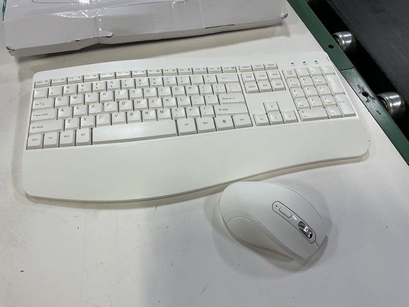 Condition photo showing As Is for ergonomic keyboard and mouse combo, full size cordless computer keyboard with palm wrist rest ergonomic mouse for windows computers laptops - white