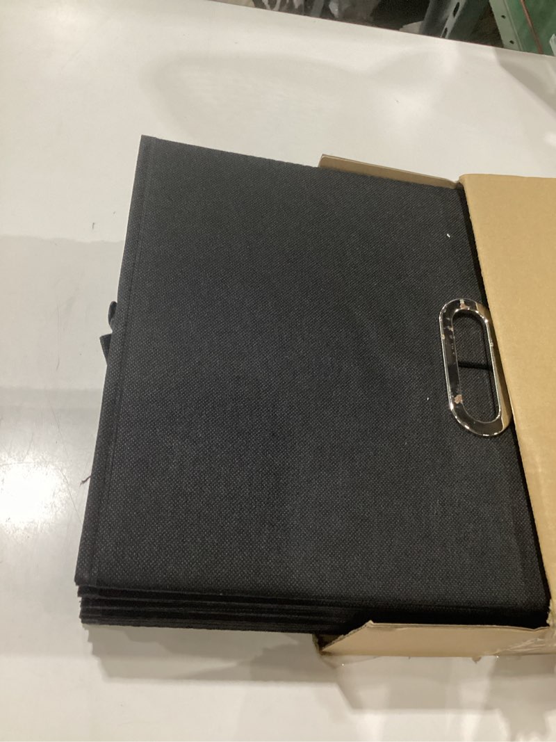 Condition photo showing Good Condition for household essentials foldable fabric storage bins 6 piece set, strong poly-woven fabric, sturdy chipboard sides, grommet front handle, stackable, classic design, black black 11” l x 11” w x 11” h