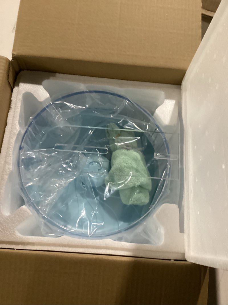 Condition photo showing As Is for silent hamster wheel, 10in hamster wheel with adjustable stand, double-bearing quiet spinner for syrian hamsters, hedgehogs, mice & small pets, blue 10in blue with stand