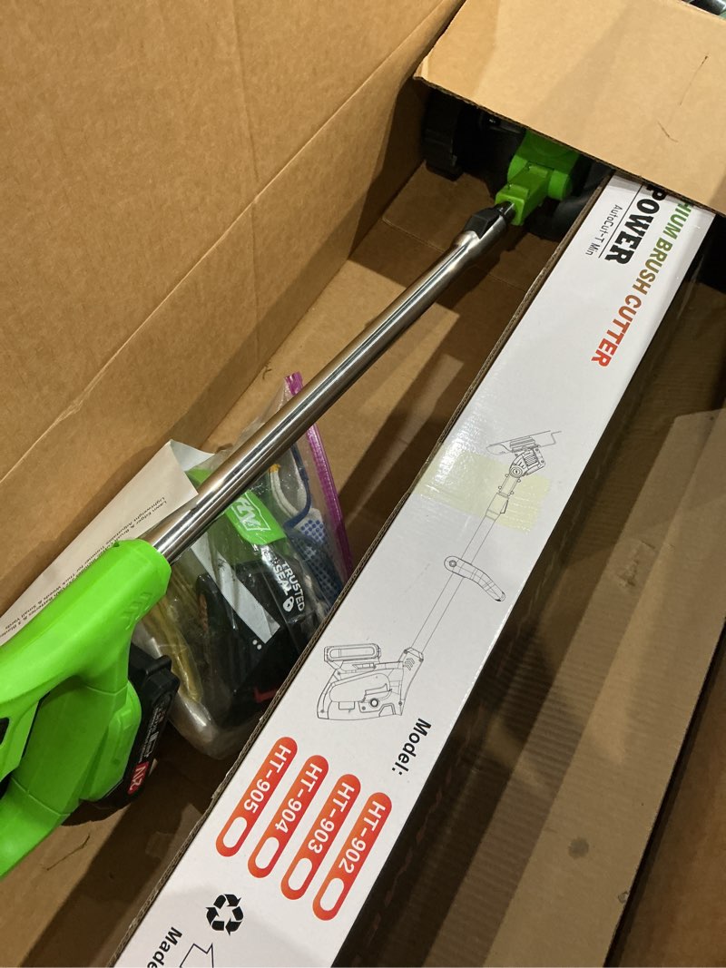 Condition photo showing As Is for not charger))21v cordless weed wacker with wheels, 3-in-1 electric grass trimmer | powered by two 2.0ah batteries. includes 3 blades. lightweight and adjustable, ideal for thick weeds & small yards