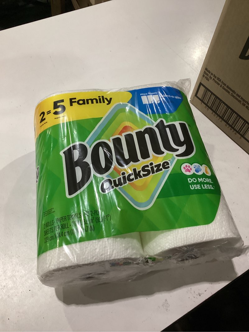 Condition photo showing New/Like New for bounty paper towels quick size, white, 16 family rolls = 40 regular rolls family 16 rolls (107 sheets)