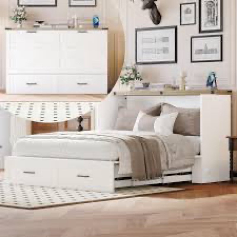 (incomplete only one box) ball & cast queen murphy bed with charging station,farmhouse murphy cabinet with large storage drawe