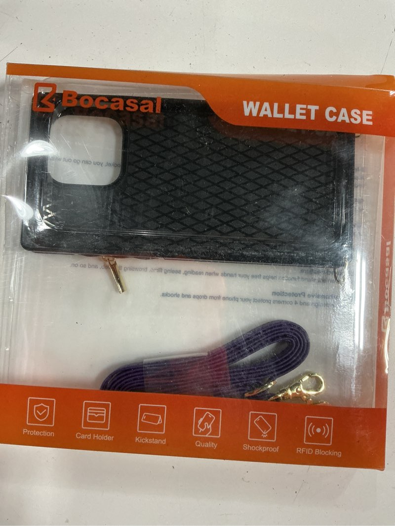 Condition photo showing New/Like New for Bocasal Crossbody Wallet Case for iPhone 15 Pro Max with RFID Blocking Card Slot Holder, Magnetic Flip Folio Purse Case, PU Leather Zipper Handbag with Detachable Lanyard Strap 6.7 Inch 5G (Purple)