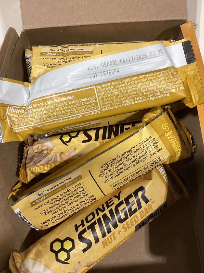 Condition photo showing As Is for Honey Stinger Nut + Seed Bar, Peanut Sunflower Seed, Protein Packed Food for Exercise, Endurance, Performance and Recovery, Sports Nutrition Snack Bar for Home & Gym, Post Workout, Box of 12