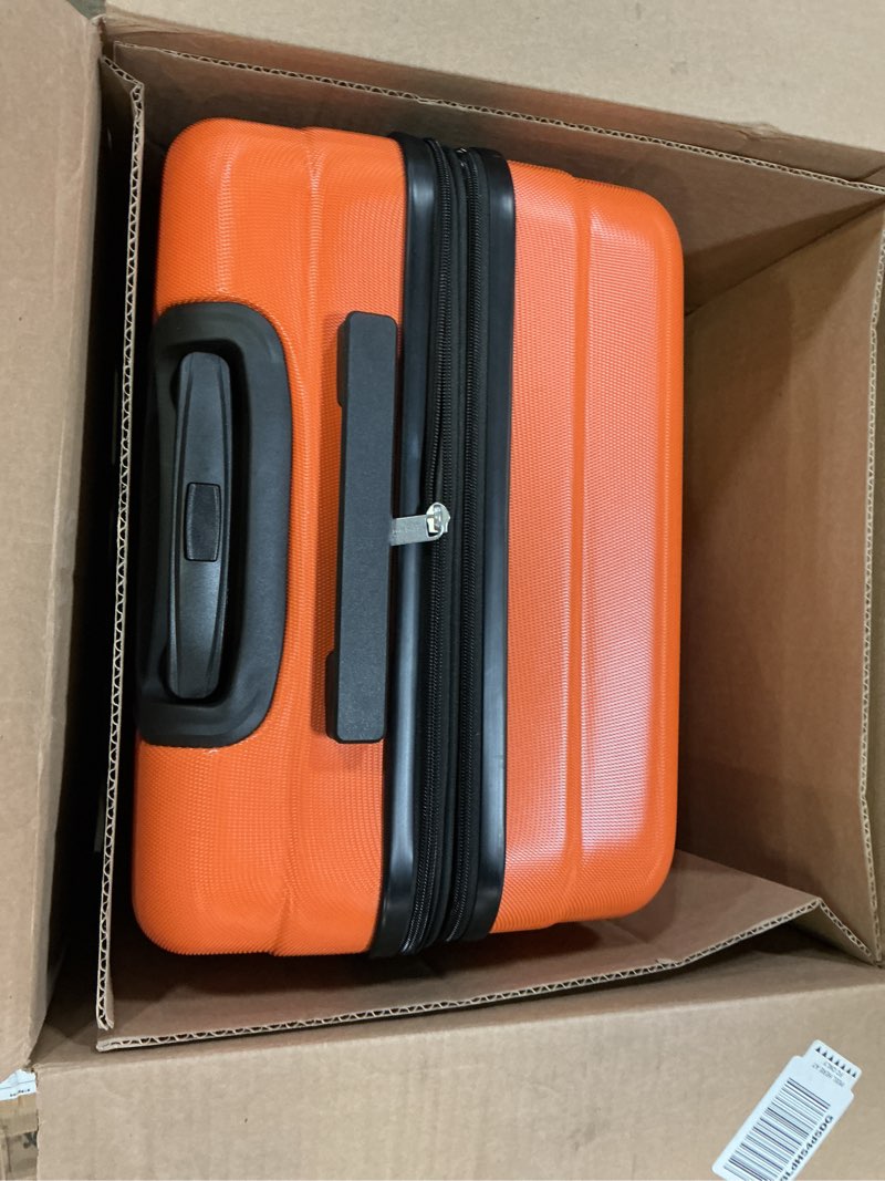 Condition photo showing Good Condition for amazon basics 21" hardside carry-on luggage with spinner wheels, expandable for up to 25% more space, scratch-resistant hardshell suitcase, telescoping handle, orange orange carry-on