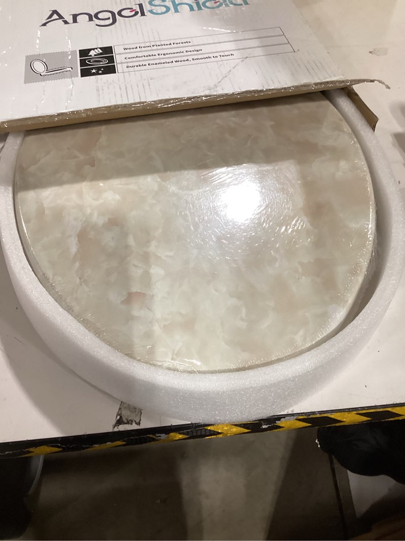 Condition photo showing New/Like New for elongated toilet seat natural wood toilet seat with zinc alloy hinges, easy to install also easy to clean, anti-pinch marble toilet seat by angol shiold (elongated, beige pink) elongated-18.5” beige pink