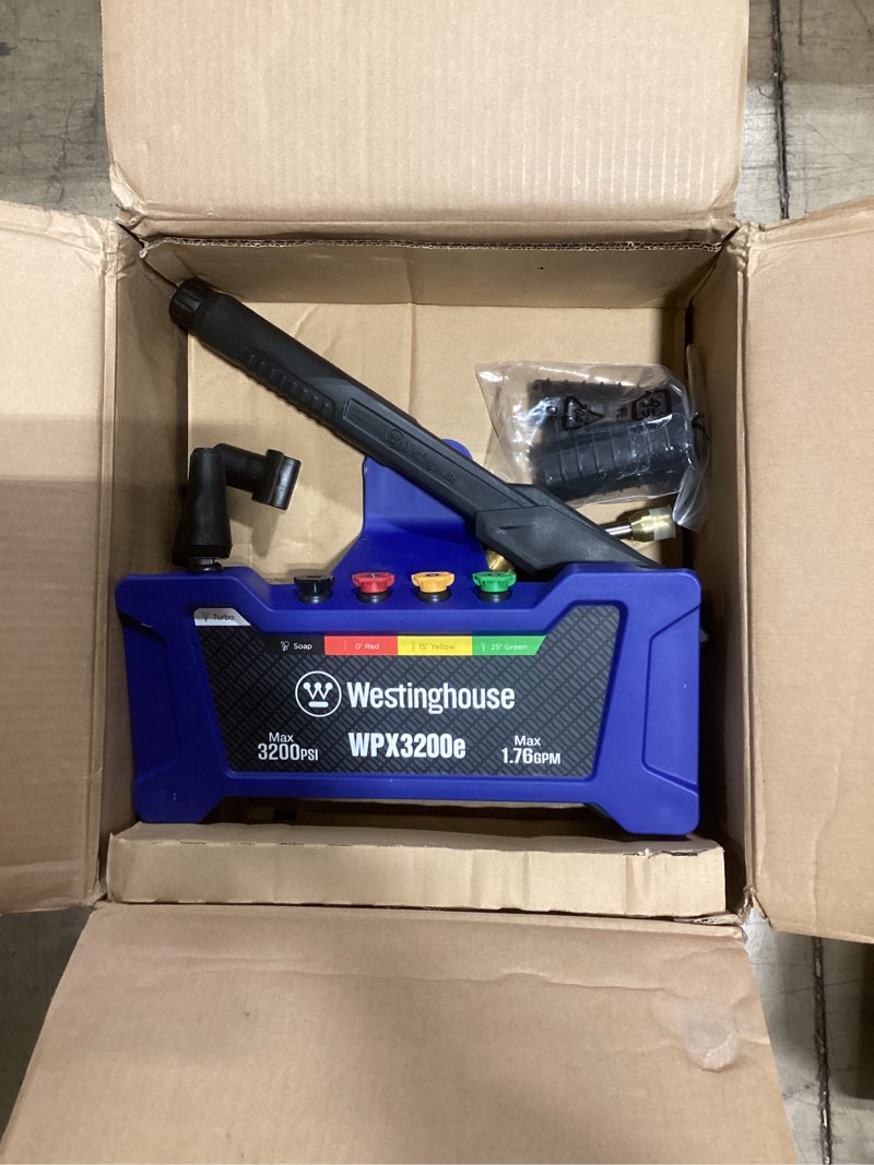 Condition photo showing Good Condition for Westinghouse WPX3200e Electric Pressure Washer, 3200 Max PSI and 1.76 Max GPM, Induction Motor, Onboard Soap Tank, Spray Gun and Wand, 5 Nozzle Set, for Cars/Fences/Driveways/Homes/Patios/Furniture