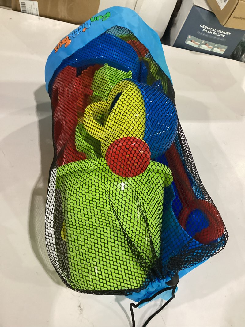 Condition photo showing Good Condition for beach toys, 19 piece sand toys set kids sandbox toys includes water wheel beach tool kit bucket watering can molds with mesh bag for kids ages 3-13