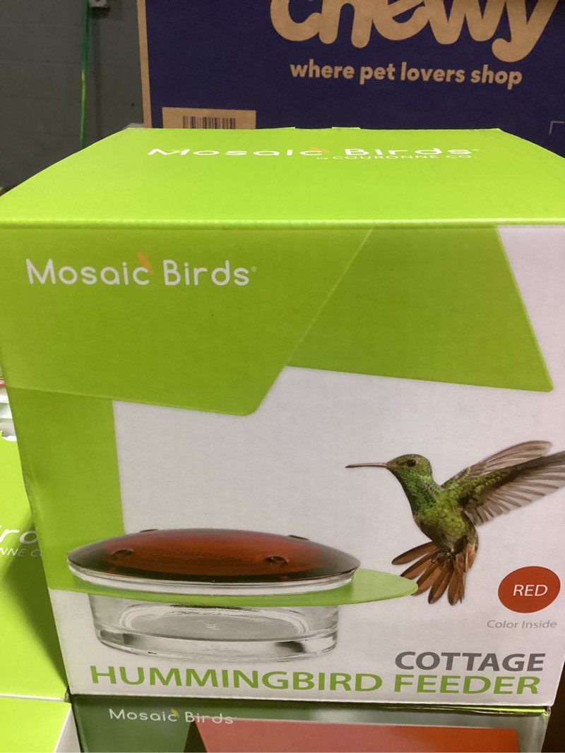 Condition photo showing New/Like New for Cottage Hummingbird Feeder |Glass Hummingbird Feeder with 3.4 Ounce Nectar Capacity| 4 Feeding Ports & Wide Mouth Bowl, Hanging Bird Feeder with Recycled Glass Lid, Red