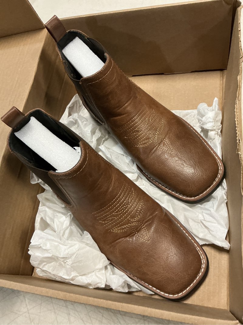 Condition photo showing As Is for cowboy boots for men square toe chelsea ankle boots casual western boot 8.5 brown