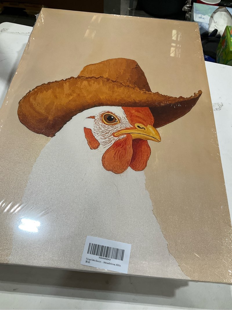 Condition photo showing Good Condition for vintage cowboy rooster canvas wall art funny animal cowboy silly chicken picture wall decor eclectic western art farmhouse rooster painting poster print artwork for bedroom bathroom,16x24in cowboy chicken 24"l x 16"w