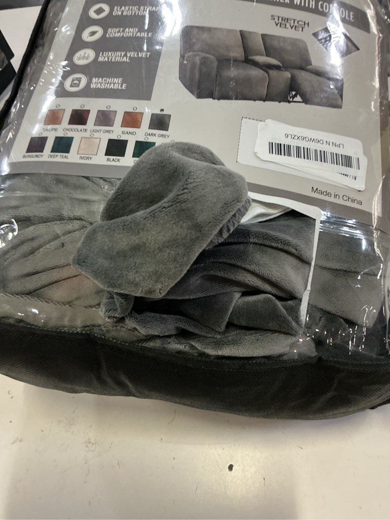 Condition photo showing Good Condition for ulticor reclining loveseat with middle console slipcover, 8-piece velvet stretch sofa covers, 2 seat loveseat recliner cover, thick, soft, washable(dark grey)