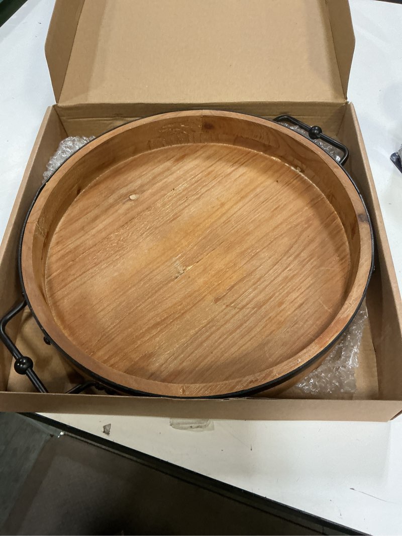 Condition photo showing Good Condition for round coffee table tray - 13.2'' farmhouse wood serving tray with metal handles - round decorative trays for coffee table - wooden circle trays for kitchen counter 13.2"