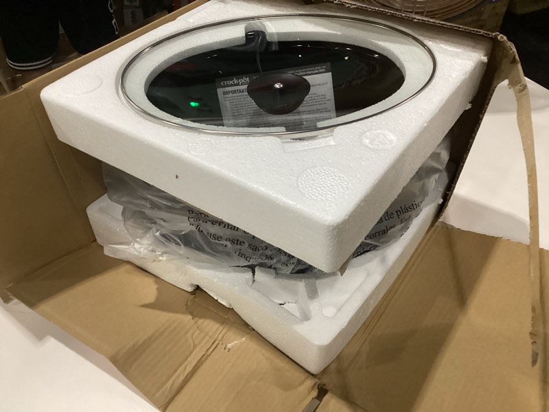 Condition photo showing As Is for crock-pot 7-quart manual slow cooker, family size serves 8+ people & fits 6-lb roast, removable stoneware with warming setting, dishwasher safe for easy cleanup, charcoal 7-quart charcoal, not tested