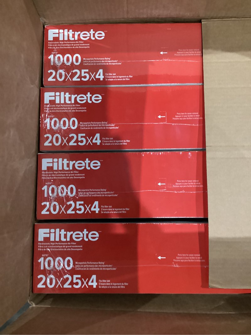 Condition photo showing New/Like New for Filtrete 20x25x4 AC Furnace Air Filter, MPR 1000, MERV 11, Fits Honeywell & AprilAire Space-Gard, Allergen Defense, Electrostatic Air Cleaning Filter, 4-Pack (actual size 19.88 x 24.63 x 4.31)
