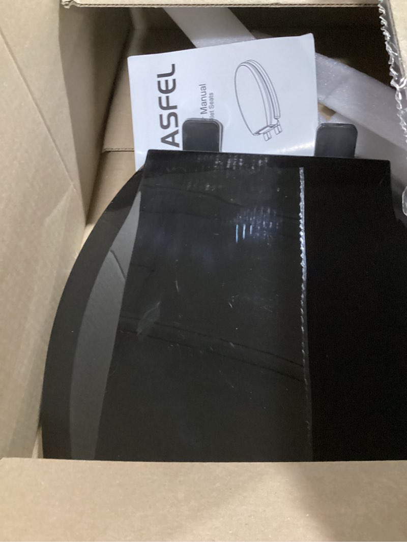 Condition photo showing As Is for yasfel standard universal elongated toilet seat,soft close,ergonomic toilet bowl seat,fits for standard elongated with thickened plastic lid (18.5'', black) 18.5" elongated black