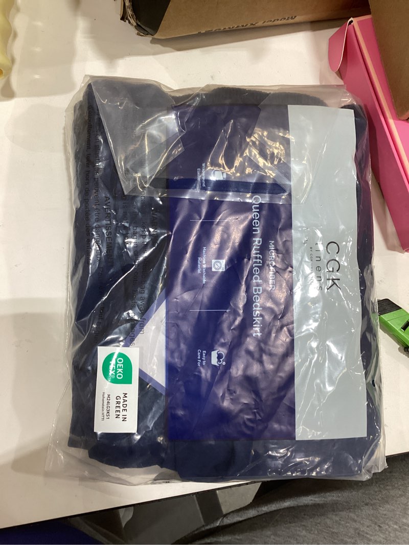 Condition photo showing New/Like New for Wrap Around Dust Ruffle Bed Skirt - Navy Blue - for Queen Size Beds with 12 Inch Drop - Elastic Strap - Adjustable Pleated Bedskirt with Brushed Fabric and Wrinkle Free - for Women, Men, Kids & Teens Queen 12" - Drop 20 - Navy Blue