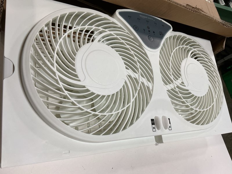 Condition photo showing Good Condition for amazon basics window fans for home bedroom, twin heads, cooling airflow, exhaust, expandable side panel digital control, 3 speeds, 78w, 9 inch, white