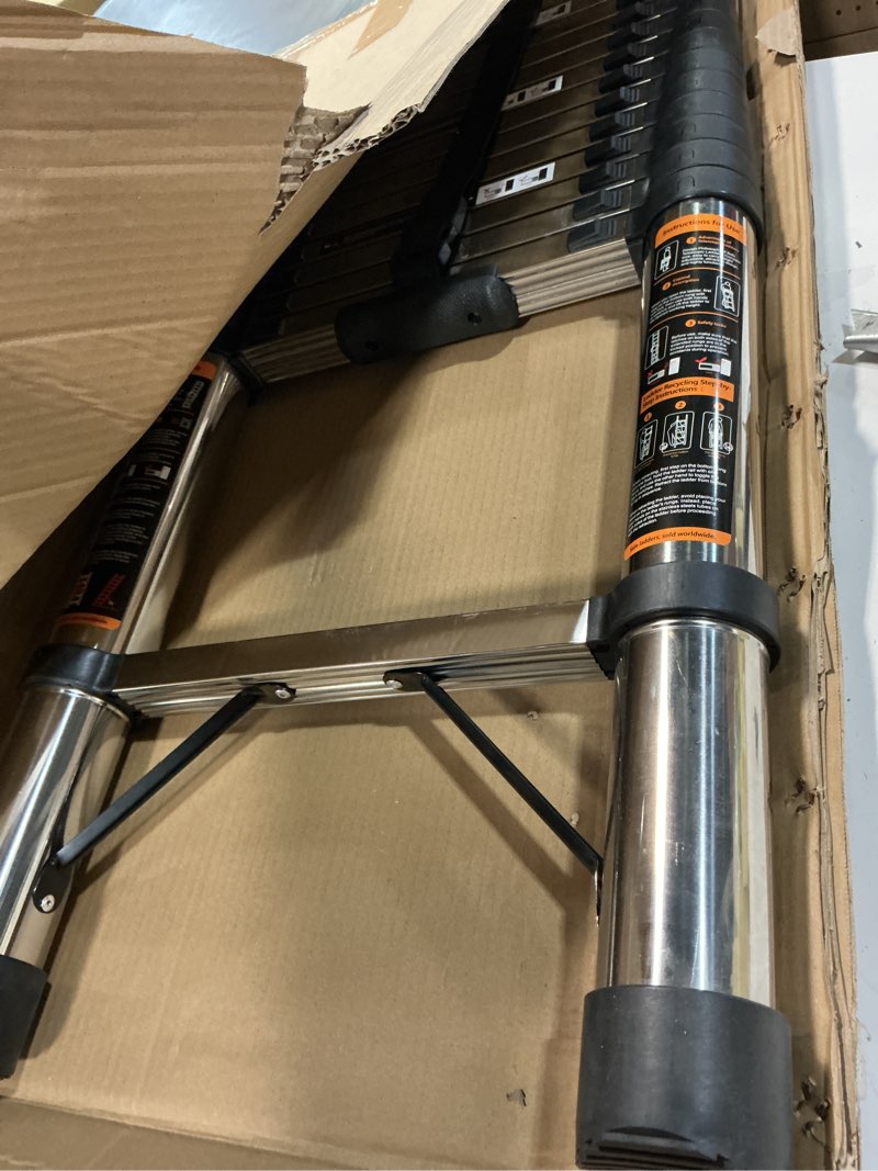 Condition photo showing Good Condition for telescoping ladder 14.5 ft stainless steel extension ladder with 2 detachable hooks, portable multi-purpose collapsible telescope ladder for home,rv,outdoor work,330lbs max capacity 14.5ft(hook?