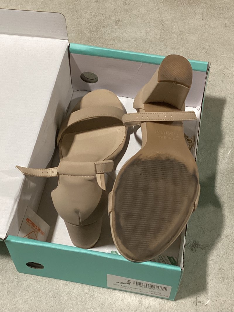 Condition photo showing Good Condition for (dirty from being worn) ankis heels for women open toe ankle strap chunky heel sandals 2.75 inch 7.5 nude nubuck