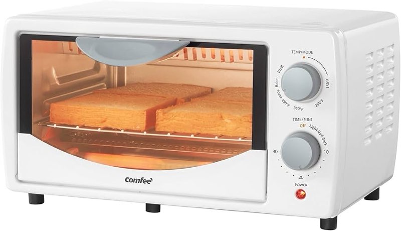 COMFEE' Countertop Oven, Small Toaster Oven Combo 4 slice, Mini Oven for 9" Pizza, Compact Oven, Bake, Broil, 950W, White, CTO-E101A(WH