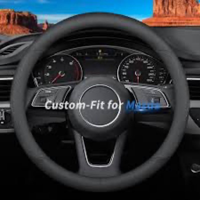 Custom Fit Steering Wheel Cover for Mazda Non-Slip Nappa Leather with Free 2 Car Coasters and USB- F