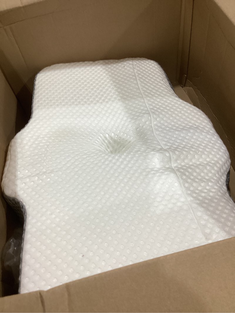 Condition photo showing As Is for osteo cervical pillow for neck pain relief, hollow design odorless memory foam pillows with cooling case, adjustable orthopedic bed pillow for sleeping, support for side back sleepers standard high(24.5*16.5*5.2/4.1 inches) white