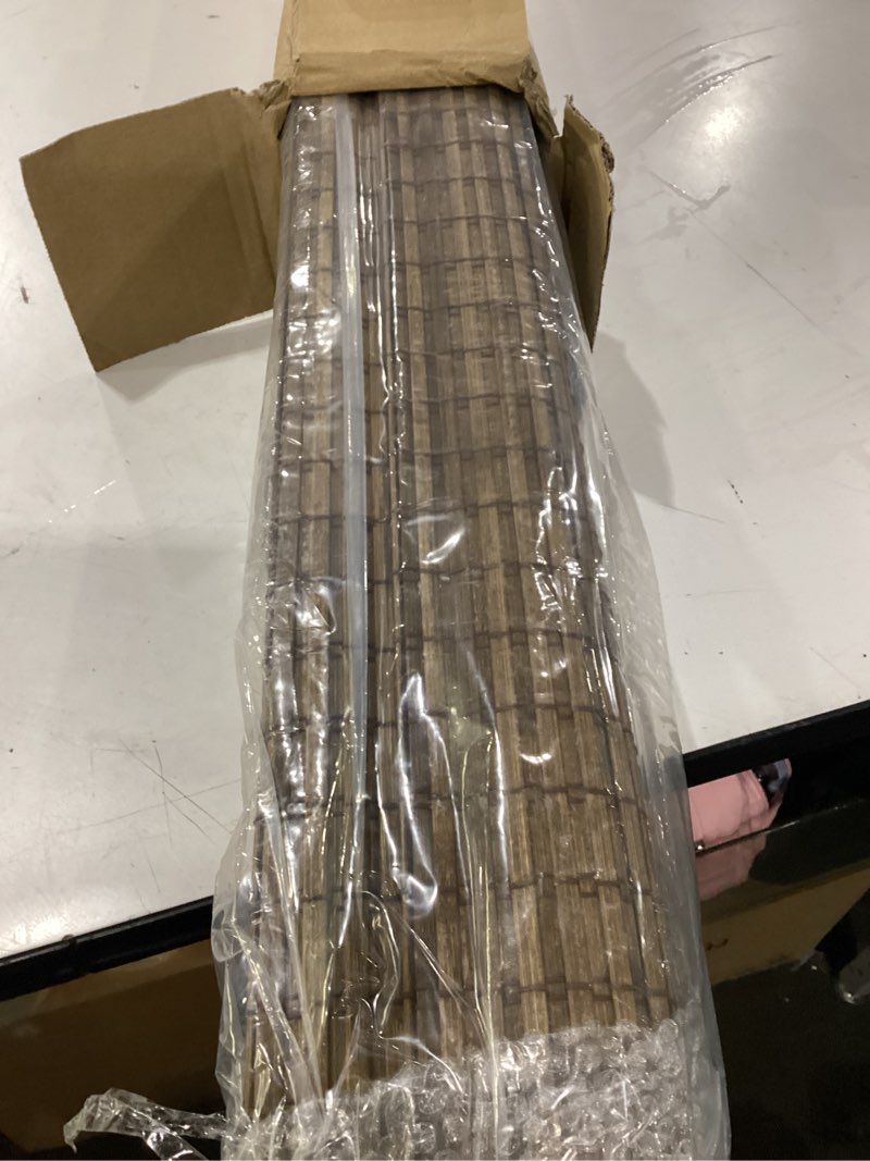 Condition photo showing As Is for unishades cordless bamboo roman shades for windows, blinds size (27.5" w ×64" h) colour (highfield teak) ?room darkening?highfield teak 27.5" w × 64" h