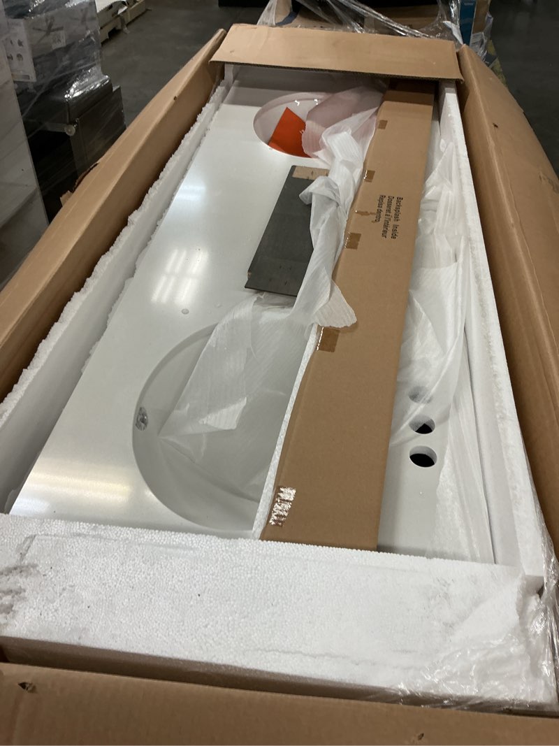 Condition photo showing As Is for Style Selections Morriston Distressed Java Double Sink Vanity with White Engineered Stone Top (Common: 60-in x 20-in)