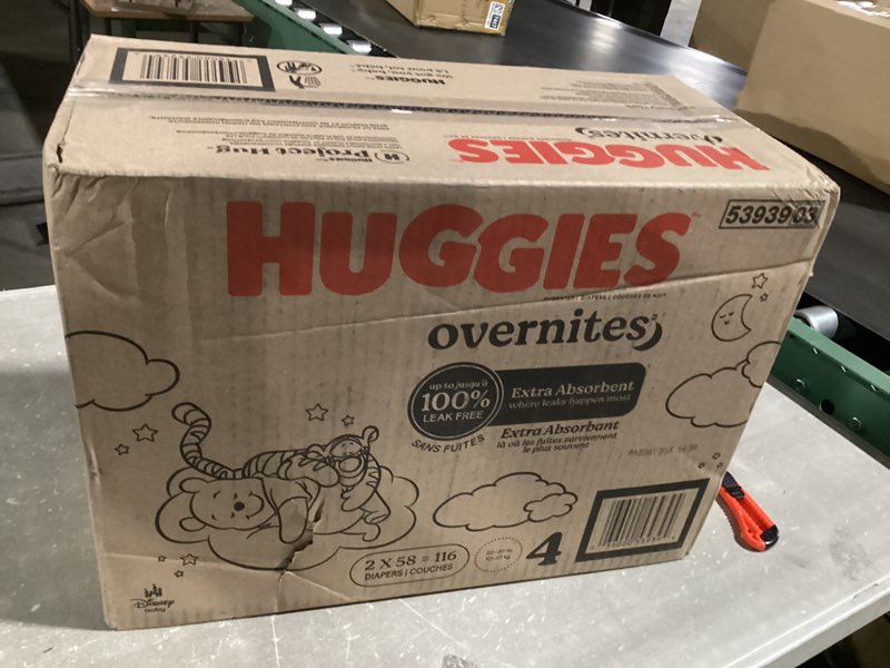 Condition photo showing New/Like New for huggies size 4 overnites baby diapers: overnight diapers, size 4 (22-37 lbs), 116 ct (2 packs of 58), packaging may vary size 4 116