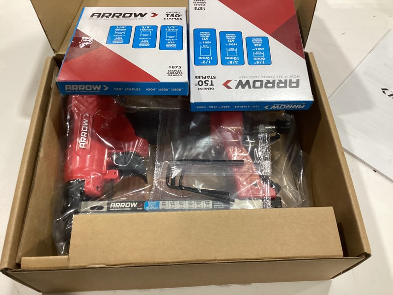 Condition photo showing Good Condition for arrow pneumatic staple gun, oil-free upholstery stapler with 3750 pieces t50 1/4", 3/8", 1/2" staples, adjustable exhaust, for woodworking, professional and diy projects, pt50